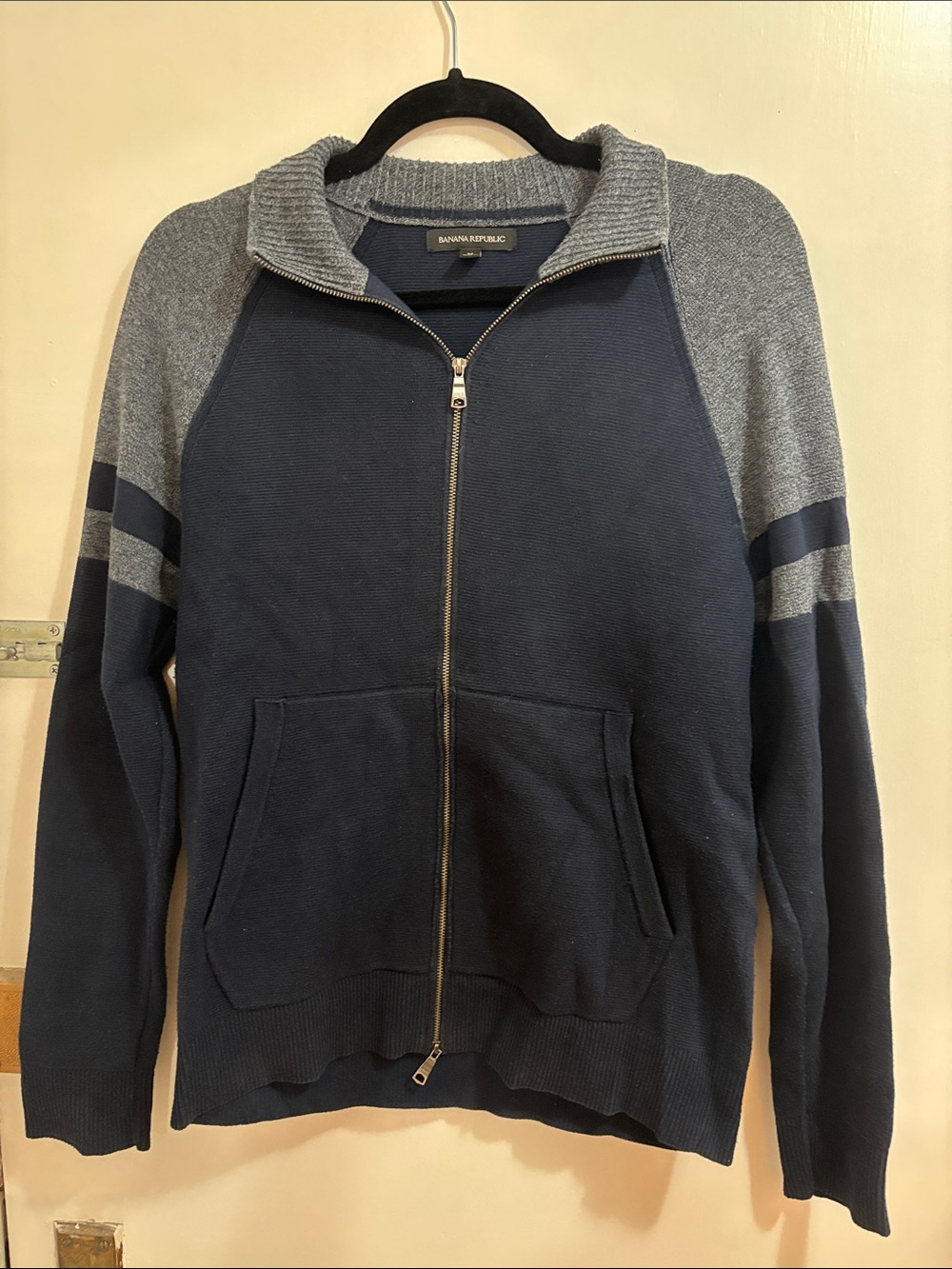 Banana Republic Navy and Gray Zip-Up Raglan Sweater